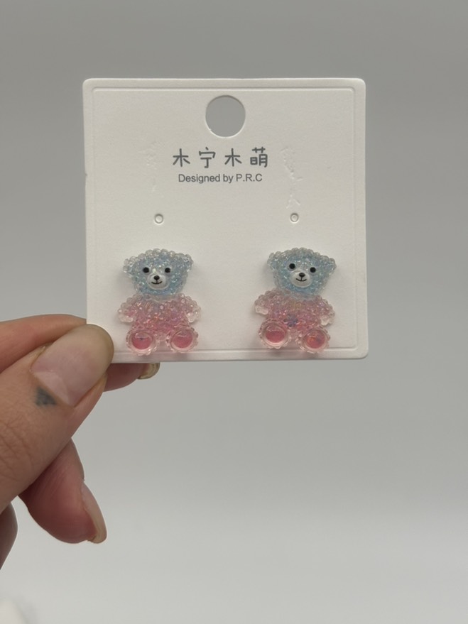 گوشواره فانتزی خرس کریستالی آبی صورتی کد 2205