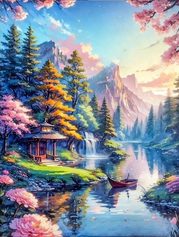 نقاشی الماسی رولی 30*40 طرح آلاچیق شرقی و آبشار کد 227