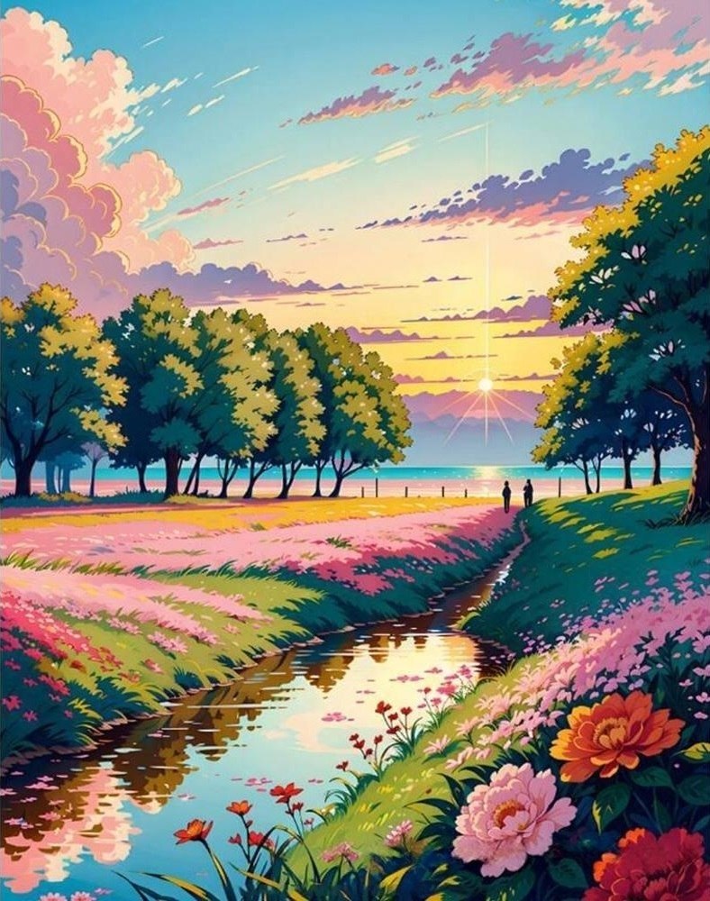 نقاشی الماسی رولی 30*40 طرح رودخانه و دشت گل کد 223