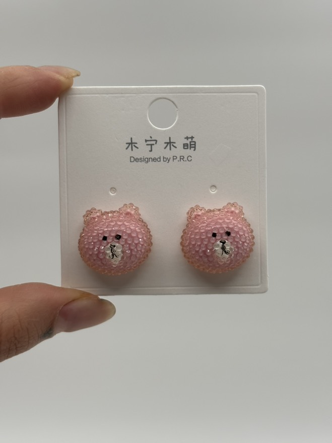 گوشواره فانتزی خرس لاین کریستالی صورتی کد 2205