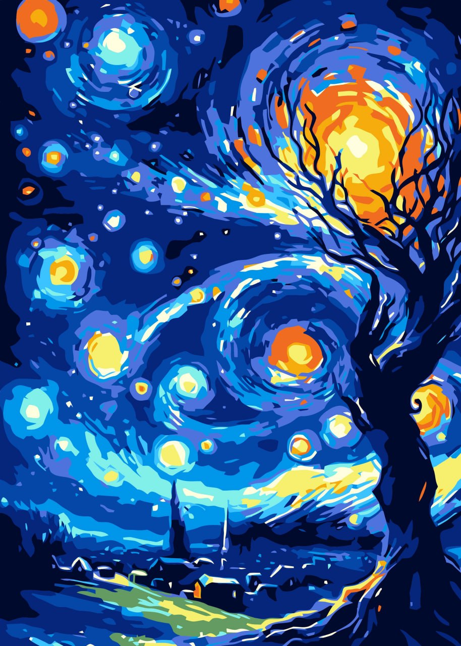 نقاشی آبرنگی رولی 30*40 طرح آسمان ونگوک و درخت کهنسال (شب پرستاره) کد 3001