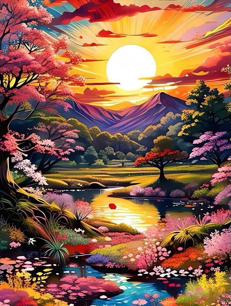 نقاشی الماسی رولی 30*40 طرح غروب رودخانه و شکوفه بهاری کد 226