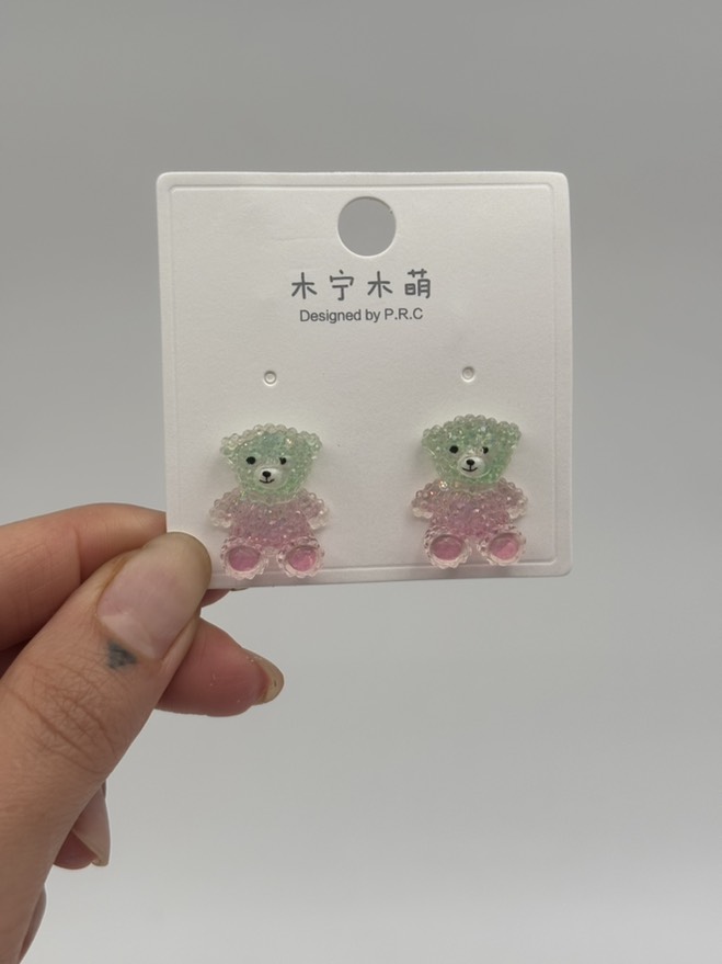 گوشواره فانتزی خرس کریستالی سبز صورتی کد 2205