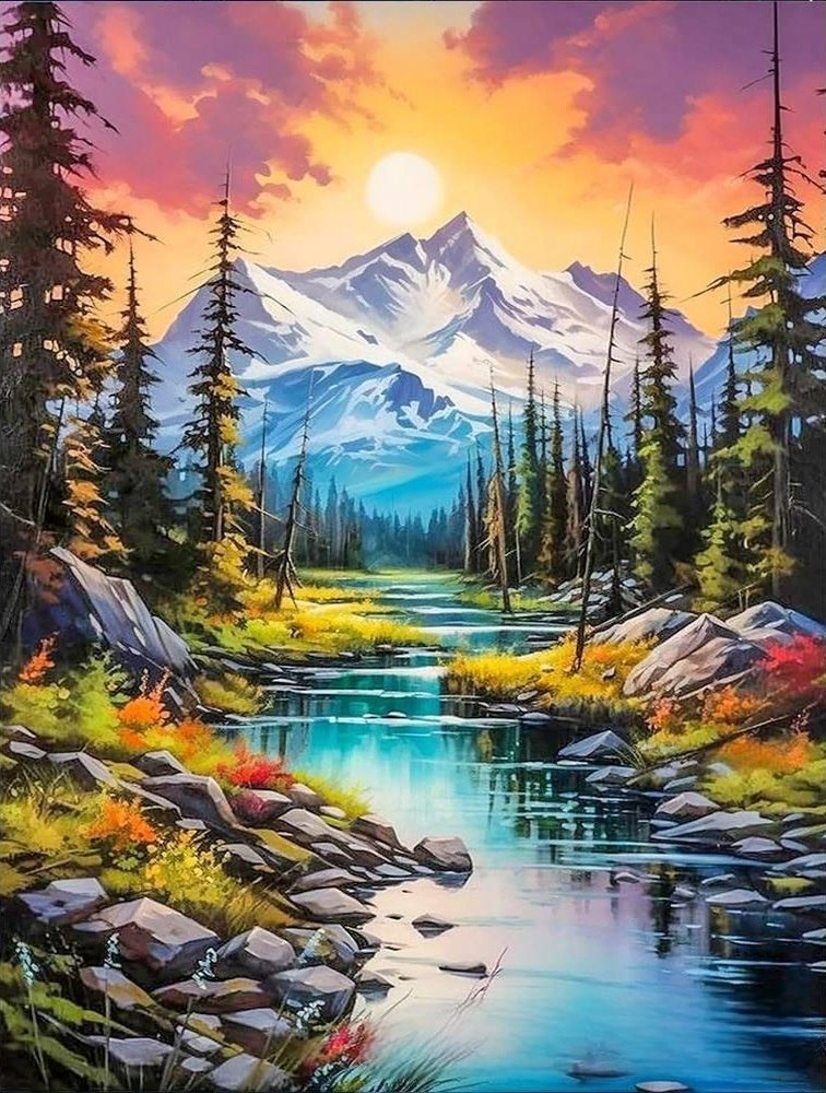 نقاشی الماسی رولی 30*40 طرح منظره کوهستان و رودخانه جنگلی کد 235