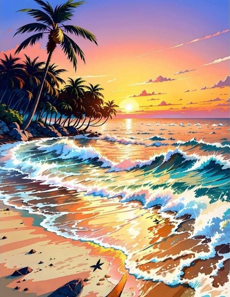 نقاشی الماسی رولی 30*40 طرح غروب استوایی و امواج کد 238