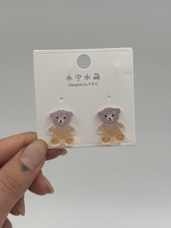 گوشواره فانتزی خرس کریستالی بنفش نارنجی کد 2205